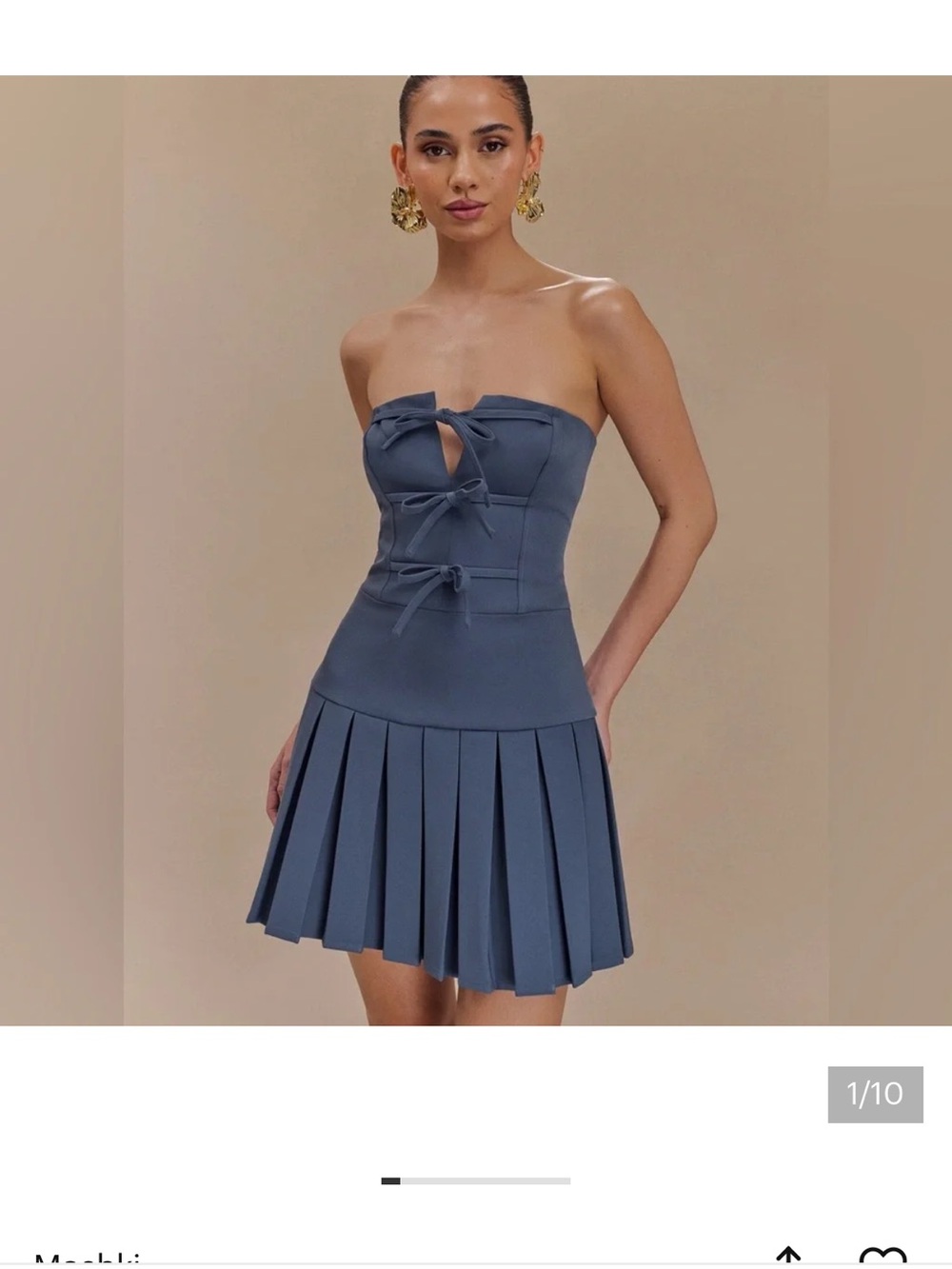 Meshki Slate Blue Strapless Pleated Tie-Front Mini Dress